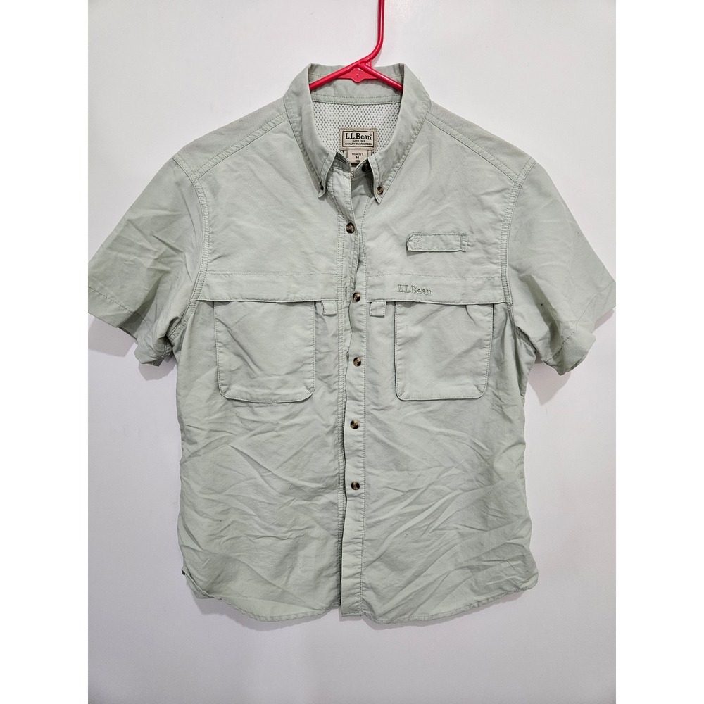 LL Bean Womens Fishing Shirt Short Sleeve Sage Green Ventilated Hiking Top M REG